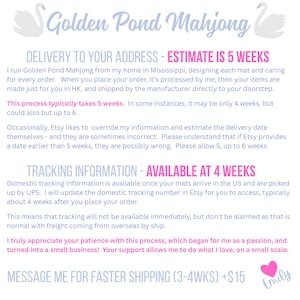 May include: Text on a pink background with the words "Golden Pond Mahjong" and a swan illustration. The text provides information about delivery and tracking times for orders.