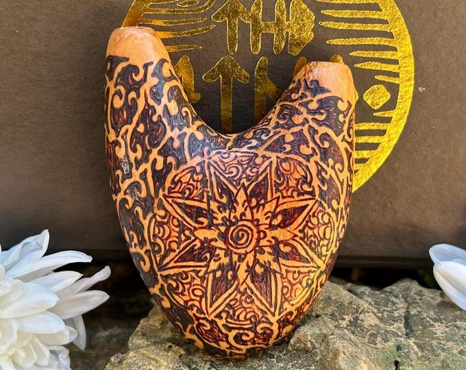 Kuripe Single Block Heart pipe ''Mandala'' wood burned ornament. Balinese Art Kuripe