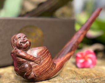 Smoking Tobacco pipe “Happy Monk” carved from single wooden block carving durable Solid Two Tone Tamarind Wood.