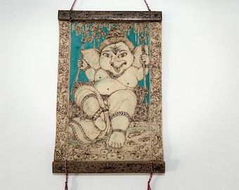 Little Ganesha Wall Hanging, Hand Burned Canvas Art, Artisan Wall Decor