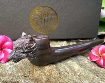 Smoking tobacco pipe “Bear” carved from single wooden block high quality carving durable Solid Dark Wood.