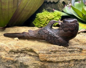 Smoking tobacco pipe “Hummingbird Folded Wings ” carved from single wooden block high quality carving durable Solid  Dark Wood.