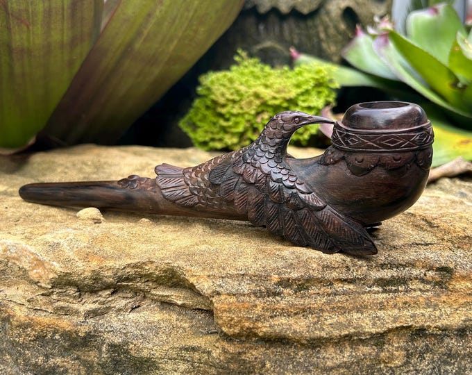 Smoking tobacco pipe “Hummingbird Folded Wings ” carved from single wooden block high quality carving durable Solid  Dark Wood.