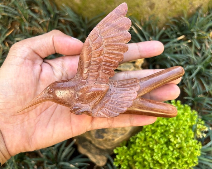 Hand Carved Kuripe Sawo Wood Hummingbird - Unique Wooden Block Art