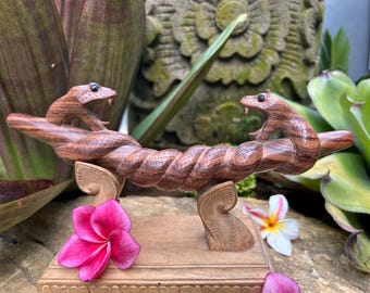 Tepi "Double Snake" carved from single wooden block. Traditional Ethnic Tepi pipe. Dark wood Tepi pipe.