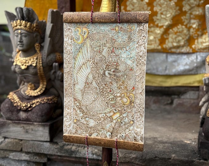 Balinese Dragon Wall Hanging, Hand Burned Canvas Art, Artisan Wall Decor