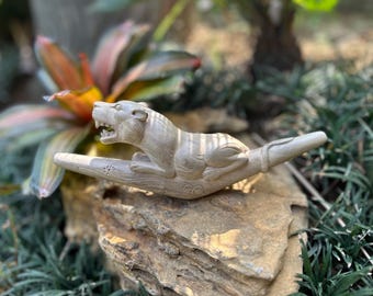 Tepi "Jaguar" carved from single wooden block. Traditional Ethnic Tepi pipe. Crocodile wood Tepi pipe.
