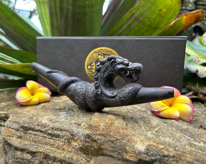 Tepi "Chinese Dragon" carved from single wooden block. Traditional Ethnic Tepi pipe. Dark wood Tepi pipe.