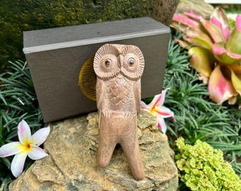Kuripe “Standing Owl” Carved from single wooden block high quality carving brown sawo wood.