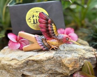 Kuripe "Hummingbird" Carved from Single Wooden Block of Teak Wood with Hand Painted Details