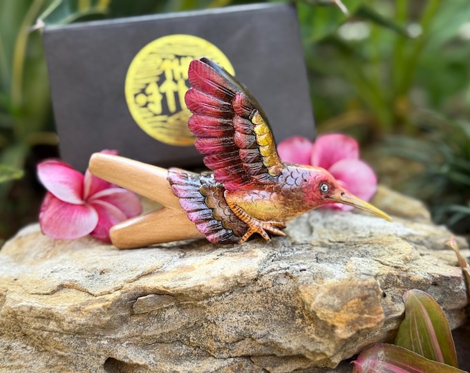 Kuripe "Hummingbird" Carved from Single Wooden Block of Teak Wood with Hand Painted Details