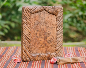 Handcarved Ganesha altar board with burned wood design, selected sawo wood artisan spiritual tray sacred artpiece single copy