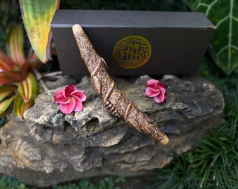 Tepi "Vine" carved from single wooden block with Burned Ornament, Aroma wood Tepi pipe.