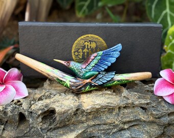 Tepi "Hummingbird" Carved from Single Wooden Block of Teak Wood with Hand Painted Details