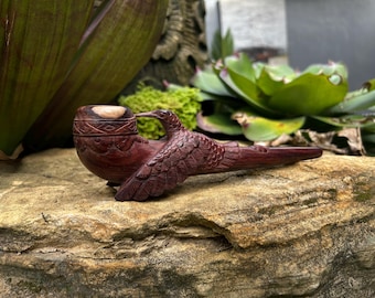 Smoking tobacco pipe “Hummingbird Folded Wings ” carved from single wooden block high quality carving durable Solid  Brown Wood.