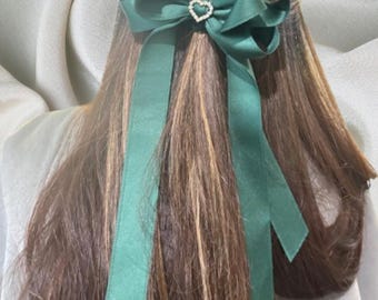 Long Tail Ribbon Hair Clip with Heart Rhinestone Buckle