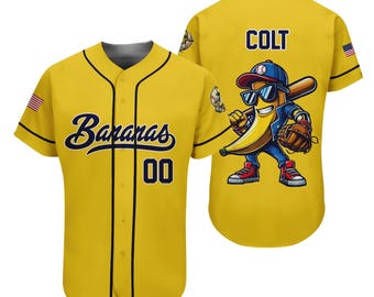 Camiseta de béisbol personalizada del equipo Bananas, divertida, con el nombre y número del equipo, regalo para un fan de Savannah.