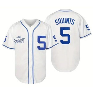 May include: White baseball jersey with blue trim and the number 5. The front of the jersey has the text "The Sandlot" in blue script. The back of the jersey has the name "SQUINTS" and the number 5.