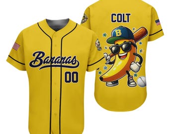 Camiseta de béisbol personalizada del equipo Bananas, divertida, con el nombre y número del equipo, regalo para un fan de Savannah.