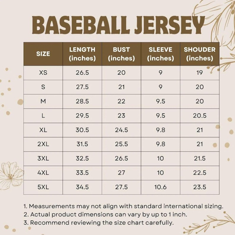 May include: A baseball jersey size chart with measurements in inches. The chart includes sizes XS to 5XL, listing length, bust, sleeve, and shoulder measurements. The text "BASEBALL JERSEY" is at the top.