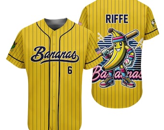 Camiseta de béisbol personalizada del equipo Bananas, divertida, con el nombre y número del equipo, regalo para un fan de Savannah.