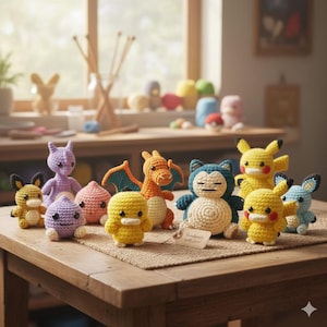 Puede incluir: Una colección de figuras de Pokémon hechas a mano con ganchillo en varios colores, incluyendo amarillo, azul, morado y naranja. Las figuras están dispuestas sobre una mesa de madera con un mantel individual de color neutro. Una etiqueta dice "Handmade with Love!"