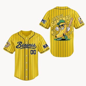 May include: Yellow baseball jersey with navy blue pinstripes and the word "Bananas" in navy blue script. The jersey has the number "00" in navy blue. The back of the jersey features a cartoon banana with sunglasses and a baseball bat.