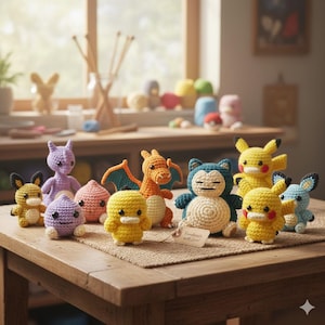 Puede incluir: Colección de figuras Pokémon hechas a mano con ganchillo en varios colores, incluyendo amarillo, azul, naranja y morado. Las figuras están dispuestas sobre una mesa de madera con un fondo neutro. Una etiqueta dice "Handmade with Love!"