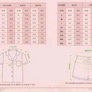 May include: Size chart for a pajama set, including a button-down shirt and shorts. The chart provides measurements in inches and centimeters for bust, shoulder, sleeve, waist, hip, and length, with sizes ranging from S to 5XL.