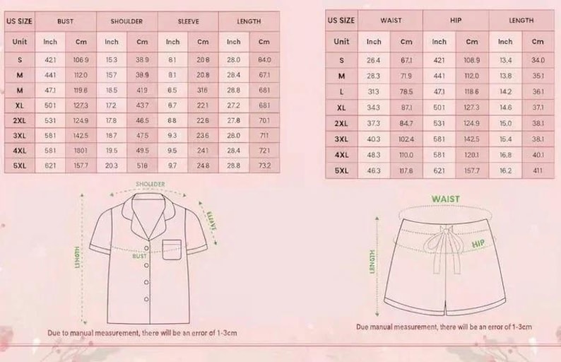 May include: Size chart for a pajama set, including a button-down shirt and shorts. The chart provides measurements in inches and centimeters for bust, shoulder, sleeve, waist, hip, and length, with sizes ranging from S to 5XL.