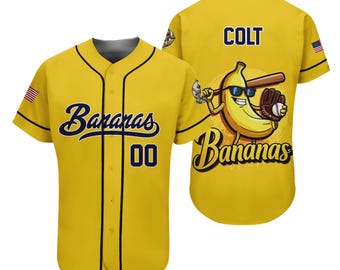 Camiseta de béisbol personalizada del equipo Bananas, divertida, con el nombre y número del equipo, regalo para un fan de Savannah.
