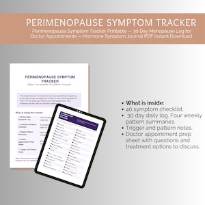 Könnte beinhalten: Ein ausdruckbares Dokument zur Verfolgung von Perimenopause-Symptomen und eine digitale Tablet-Anzeige. Der Tracker enthält ein 30-Tage-Tagebuch, eine Checkliste mit 40 Symptomen, wöchentliche Zusammenfassungen, Notizen und ein Blatt zur Vorbereitung.