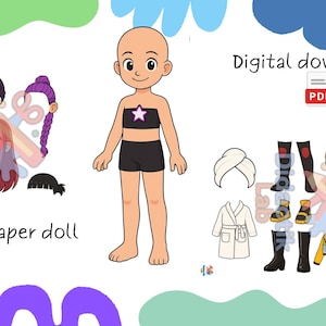 Może przedstawiać: Cyfrowa lalka papierowa DIY z różnymi opcjami odzieży i włosów. Lalka ma na sobie czarny top i szorty. Obraz zawiera ikonę pobierania PDF. Opcje włosów obejmują fioletowy, różowy i czarny.