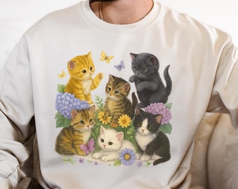 Retro Kitten Sweatshirt, 90s Style, Floral Cat Graphic