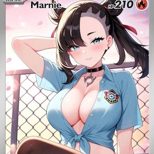 May include: A Marnie Pokémon trading card featuring a character in a light blue shirt with a tied front, black choker, and a badge. The card has a HP of 210 and a fire symbol.