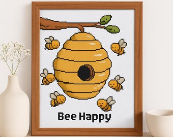 Bee Cross Stitch Pattern PDF | "Bee Happy" Inspirational Quote | Instant Download