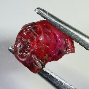 May include: A rough, uncut ruby gemstone, held by a pair of silver tweezers. The ruby is a deep, vibrant red color with a slightly irregular shape. The background is a plain white.