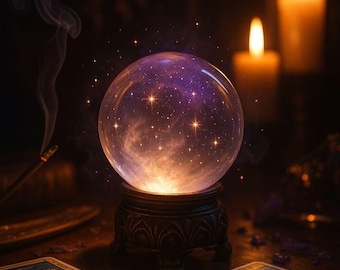 May include: A glowing crystal ball with a starry interior sits on a decorative stand, surrounded by tarot cards and lit candles. Smoke rises from an incense stick, creating a mystical atmosphere. The scene is set on a wooden table.