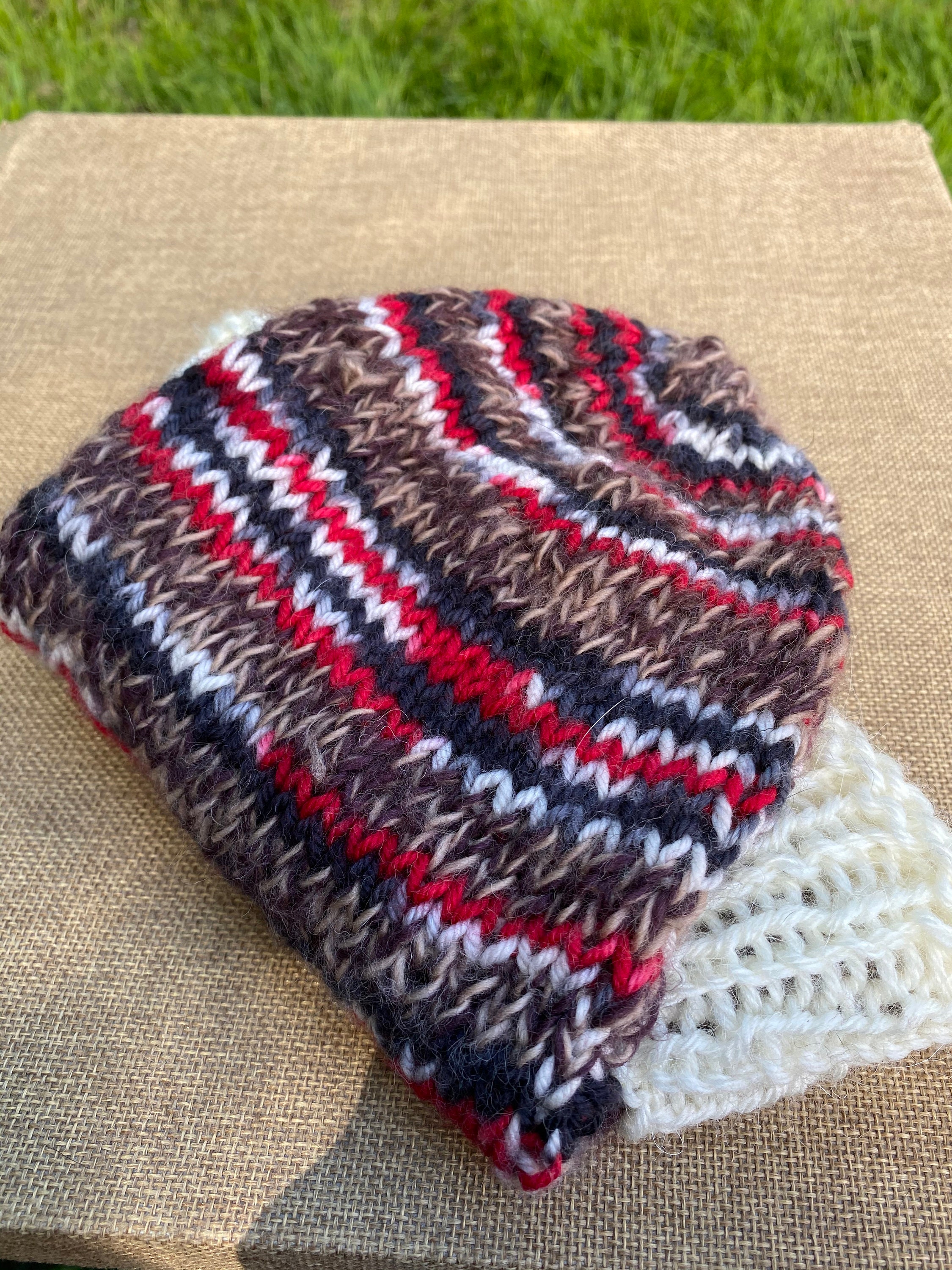 Knitted Hat Striped Hat Cute Hat Red Brown White Hat Etsy UK