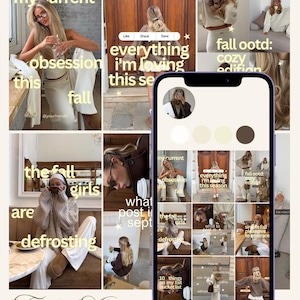 May include: A digital collage template featuring a smartphone displaying a social media profile grid with neutral-toned lifestyle photography. The layout includes text overlays like my current obsession this fall, everything i'm loving this season, and fall ootd.