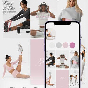 Puede incluir: Un kit de marca de fitness digital mostrado en la pantalla de un teléfono inteligente, que presenta una colección de plantillas para redes sociales, fotografía de estilo de vida de ropa deportiva, paletas de colores y diseños tipográficos.