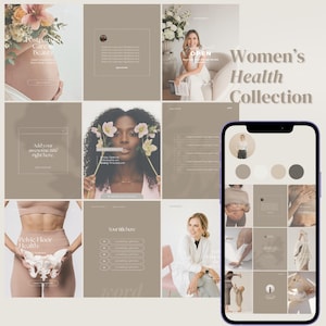 May include: A Women's Health Collection promotional image with a phone mockup. The image features various panels with text, photos, and graphics, including the words "Postpartum Care Beauty" and "Pelvic Floor Health". The color palette is neutral.