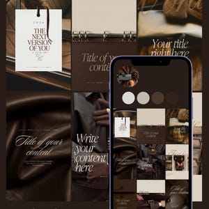 Op de afbeelding: Een set social media sjablonen met donkerbruine en crèmekleurige paletten en elegante schreefletters. De weergave toont meerdere lay-outopties, waaronder tekstplaatsaanduidingen, leertexturen en een smartphone-interface.