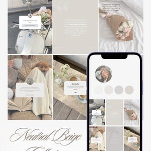 May include: A collage of images in a neutral beige color scheme. The images include a scooter with flowers, a bouquet of flowers, a person with a dog, and a coffee cup. The text "Neutral Beige Collection" is at the bottom.
