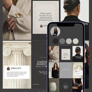 Peut inclure: Un smartphone affichant une grille de contenu juridique professionnel sur les réseaux sociaux. L'écran présente divers posts avec du texte, des portraits et des images architecturales dans une palette de couleurs neutres. Cadre sombre et bord violet.