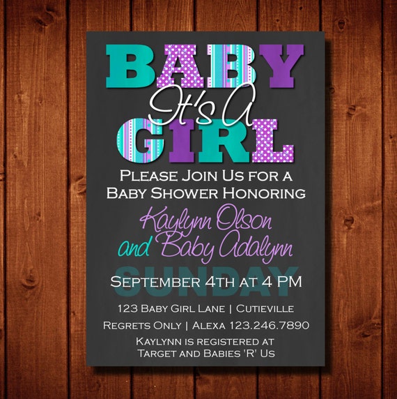 Baby Shower Invitation It S A Girl Purple And Teal Digital File Or