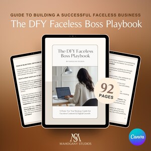 Puede incluir: Tres tabletas muestran una guía de marketing digital titulada "The DFY Faceless Boss Playbook". La portada presenta a una mujer usando una laptop. La guía, de 92 páginas, tiene el subtítulo "A Done-For-You Strategy Guide for Faceless Content & Digital Growth."