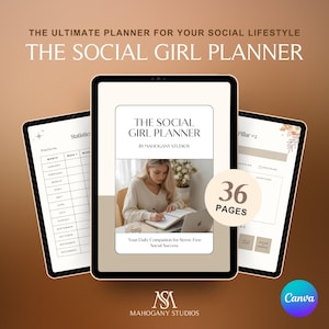 May include: A digital planner titled "The Social Girl Planner" with a woman writing in a notebook. The planner has 36 pages and is designed for a social lifestyle. The background is a gradient of brown and beige.
