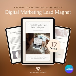 Könnte beinhalten: Drei Tablets zeigen einen Digital-Marketing-Lead-Magneten. Das zentrale Tablet zeigt eine Frau, die einen Laptop benutzt. Der Text enthält "Digital Marketing Lead Magnet" und "17 Seiten". Der Hintergrund ist ein brauner Farbverlauf.
