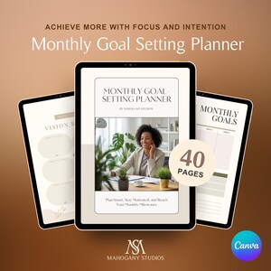 May include: A digital monthly goal-setting planner with a beige and white design. The planner includes sections for vision boards and monthly goals. The cover reads "Monthly Goal-Setting Planner" and includes the text "40 Pages".